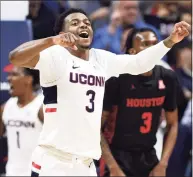  ?? Jessica Hill / Associated Press ?? UConn’s Alterique Gilbert reacts to a play in a 2020 game against Houston in Storrs.