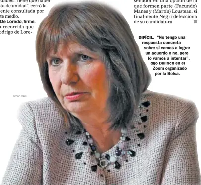  ?? CEDOC PERFIL ?? DIFÍCIL. “No tengo una respuesta concreta sobre si vamos a lograr un acuerdo o no, pero lo vamos a intentar”, dijo Bullrich en el Zoom organizado
por la Bolsa.