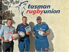  ?? PHOTO: TIM O’CONNELL ?? Tasman Rugby Union board member Scott Gibbons, developmen­t officer Mark Cochrane and community rugby manager Kahu Marfell.