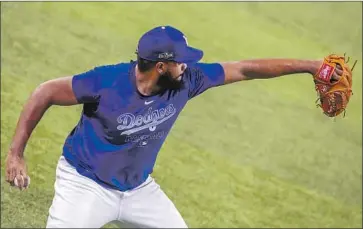  ?? Robert Gauthier Los Angeles Times ?? KENLEY JANSEN hasn’t been his dominant self of years past, raising the question of whether the Dodgers will call on him to close games in the NLCS. Manager Dave Roberts called his options “all pretty dang good.”