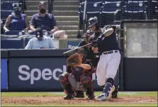  ?? FRANK FRANKLIN II - THE ASSOCIATED PRESS ?? New York Yankees’ Gary Sanchez hits a home run during the third inning of a spring baseball game against the Detroit Tigers, Monday, March 1, 2021, in Tampa, Fla.