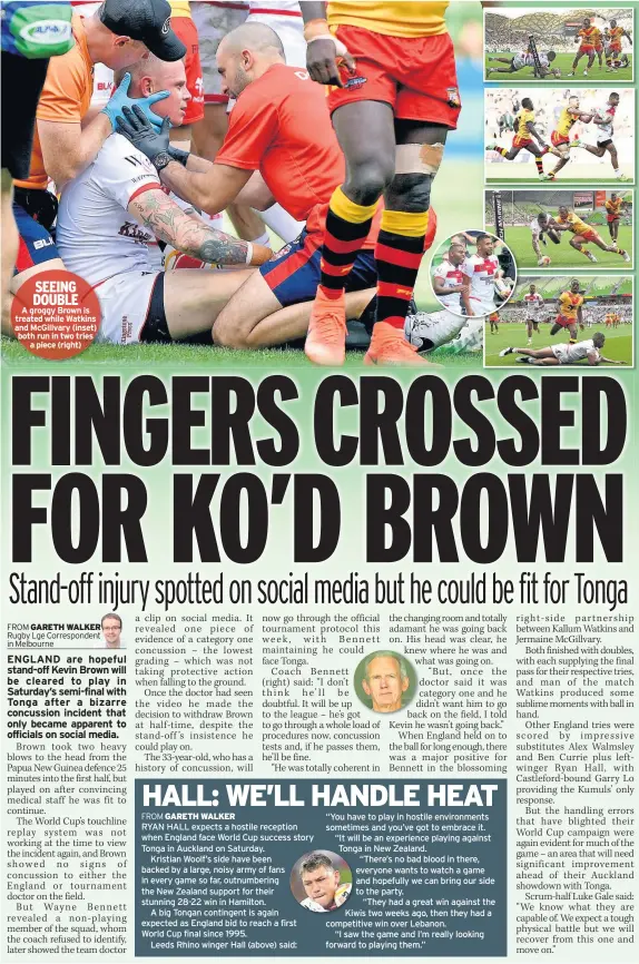  ??  ?? SEEING DOUBLE A groggy Brown is treated while Watkins and McGillvary (inset) both run in two tries a piece (right)