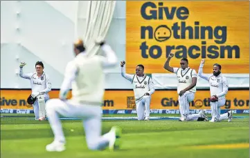  ??  ?? Players took a knee in support of the BLM movement during the New Zealand-West Indies series in Wellington in December.