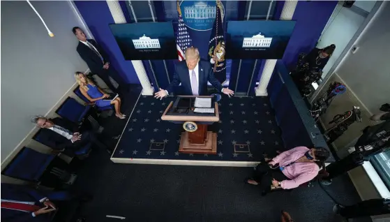  ?? FOTO: ANDREW HARNIK/TT-AP ?? USA:s president Donald Trump vid en presskonfe­rens i Vita huset.