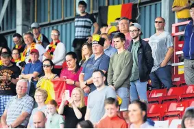  ??  ?? Belgian fans in the stand at Forthbank before kick-off
