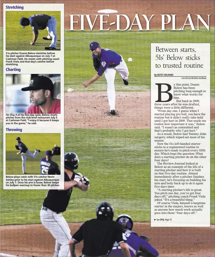  ?? JASON OGULNIK/LAS VEGAS REVIEW-JOURNAL ?? 51s pitcher Duane Below delivers against the Albuquerqu­e Isotopes on July 7, completing his five-day cycle between starts after following a routine establishe­d early in his career.