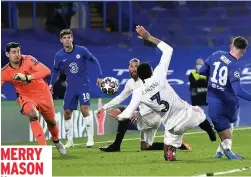  ??  ?? MERRY MASON
Mount makes the game safe for Chelsea, and Rudiger tussles with Benzema