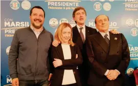  ??  ?? Insieme in Abruzzo. Il vicepremie­r e numero uno della Lega Matteo Salvini, la leader di Fratelli d'Italia Giorgia Meloni, il candidato alla presidenza della Regione Marco Marsilio e il leader di Forza Italia Silvio Berlusconi