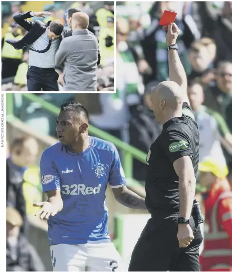  ??  ?? 0 Steven Gerrard vents frustratio­n and Alfredo Morelos sees red. Ryan Kent, left, may also face action after lashing out at Scott Brown.