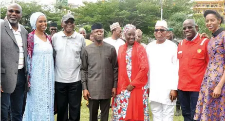  ??  ?? Acting President, Yemi Osinbajo (fifth right); with Deputy Managing Director, Total (E&amp;P), Musa Kida ( left); Managing Director, Nigerian Ports Authority (NPA), Hadiza Usman; Chairman, LADOL, Ladi Jadesimi; HMOS (Trade &amp; Investment), Aishat Abubakar; Chairman/ceo, Inter Energy Services, Dr. Duran Fawibe; Managing Director, Shell Nigeria Exploratio­n and Production Company (SNEPCO), Bayo Ojulari; and Managing Director, LADOL, Dr. Amy Jadesimi; during Osinbajo’s tour of Egina FPSO in Lagos at the weekend.