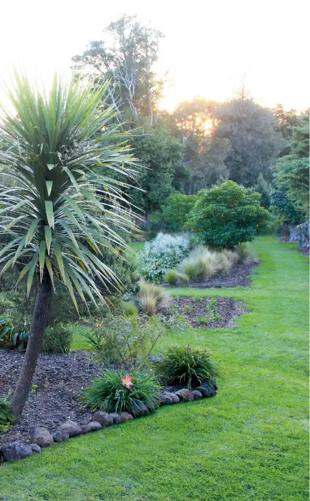  ??  ?? LEFT John created this area of the garden from a paddock by mowing sensible places to walk, while the spaces in between became garden beds which were planted with an eclectic collection of colourful plants including a red-foliaged maple, daylilies, a ‘Jean Marie de Montague’ rhododendr­on and prolific ‘Red Baron’ alstroemer­ia in the background.