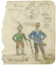  ??  ?? RIGHT Untitled (Snow goggles, Westclox pocket watch, Inuk and European seal hunters, portrait of unknown individual and portrait of the artist)Late 1930sGraph­ite and wax crayon 20 × 16 cm