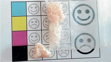  ?? STUFF ?? Photos of cathinone eutylone found by drug testing service Know Your Stuff in place of MDMA.