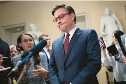  ?? J. SCOTT APPLEWHITE/AP ?? House Speaker Mike Johnson, R-La., speaks Saturday at the Capitol in Washington after the House approved $95 billion in aid for Ukraine, Israel and other allies.