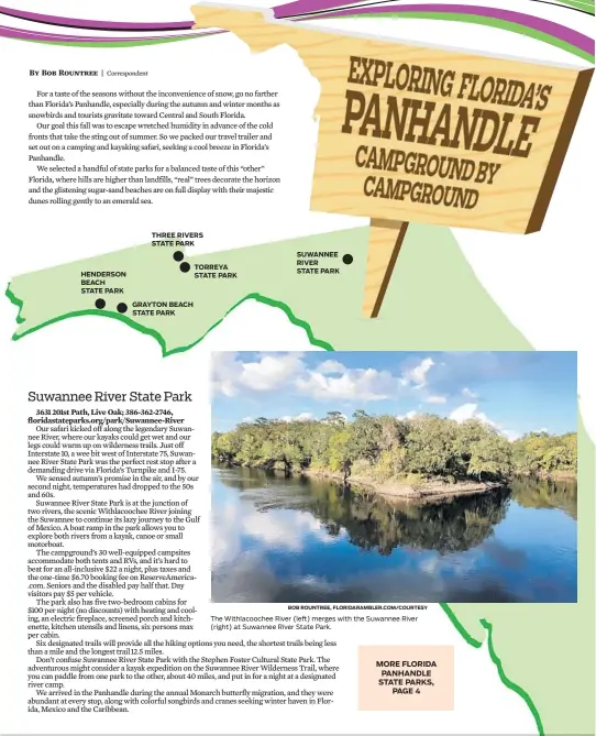  ?? BOB ROUNTREE, FLORIDARAM­BLER.COM/COURTESY ?? The Withlacooc­hee River (left) merges with the Suwannee River (right) at Suwannee River State Park.