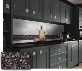  ?? [PHOTO BY THE TILE SHOP/AP] ?? This photo shows a kitchen with British designer Ted Baker’s gorgeous new glass art tile collection’s Shadow Floral in the backsplash. It combines two of 2017’s most interestin­g décor trends, moody hues and dramatic florals.