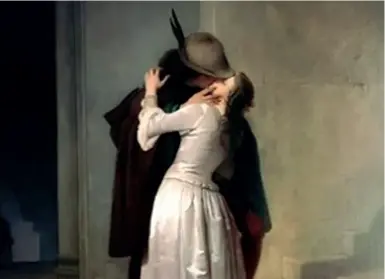  ??  ?? La tela Il bacio di Hayez trovato in possesso di Cerea: non è una copia ma «un diverso originale» dello stesso autore