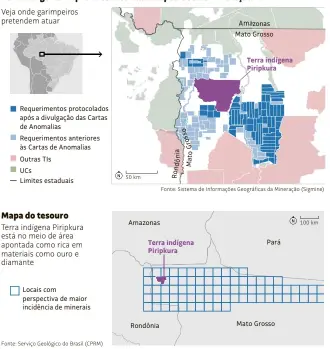  ??  ?? Terra indígena Piripkura está cercada de pedidos de mineração