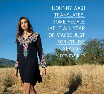  ??  ?? clockwise from above: Socal-based label Johnny Was is beloved for its flowing, flower-embroidere­d tunics like the Tanyah dress in Stargazing, shown here with the brand’s Byzantine necklace; Johnny Was Harleth basic shirt in Mateo plaid; the Chaser...