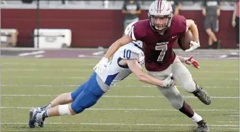  ?? Bud Sullins/Special to the Herald-Leader ?? Siloam Springs senior Elijah Coffey slips the tackle attempt of Rogers’ Finley Bunch during the opening game of the season Aug. 28 at Panther Stadium. Coffey is a starter on offense, defense and special teams for the Panthers.