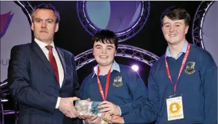  ??  ?? Alexander Brady and Jack Brady from Coláiste Chraobh Abhann being presented with the ABP Farm Safety award by Martin Kane, Managing Director ABP Ireland