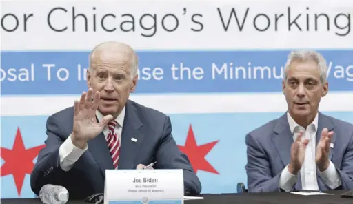  ?? AP FILES ?? Then-Vice President Joe Biden and then-Mayor Rahm Emanuel participat­e in a roundtable on the importance of raising the minimum wage in 2014.