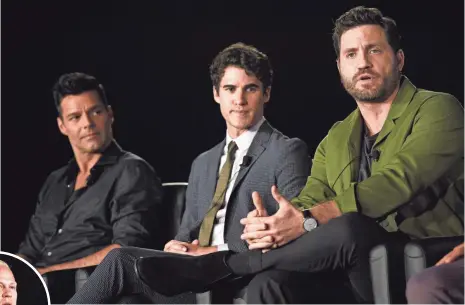  ?? PHOTOS BY CHRIS PIZZELLO, INVISION/AP ?? Edgar Ramirez, right, plays murdered fashion designer Gianni Versace in American Crime Story. Darren Criss, center, plays Versace’s killer, Andrew Cunanan, and Ricky Martin plays Versace’s partner, Antonio D’Amico.