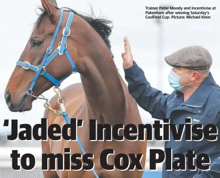  ?? ?? Trainer Peter Moody and Incentivis­e at Pakenham after winning Saturday’s Caulfield Cup. Picture: Michael Klein