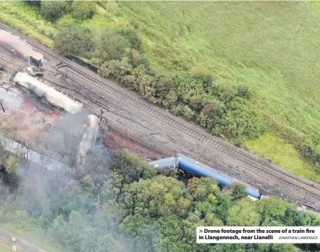  ?? JONATHAN LAWRANCE ?? > Drone footage from the scene of a train fire in Llangennec­h, near Llanelli