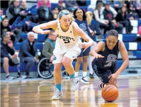  ?? SUPPLIED PHOTO ?? Niagara’s Courtney Kilyk, No. 5, shown battling Sheridan for a loose ball in women’s college basketball, is playing out her post-secondary eligibilit­y at her hometown college. The Notre Dame graduate previously played at St. Francis Xavier University.