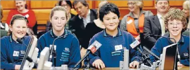  ?? Photo: FAIRFAX ?? Digital age: Tawa Intermedia­te pupils Jade Gibbons-Lawrie, Helen Oliver, Stephen Dyoco and Lachlan Patterson spoke to MPs in parliament last Wednesday.