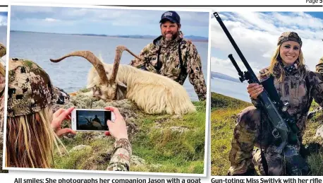  ??  ?? All smiles: She photograph­s her companion Jason with a goat Gun-toting: Miss Switlyk with her rifle