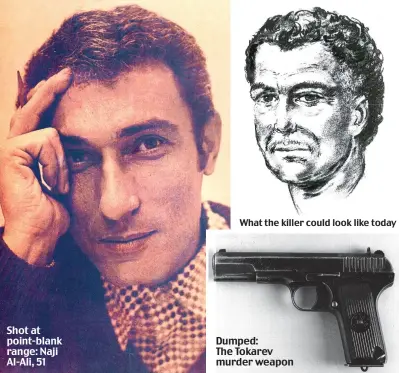  ??  ?? What the killer could look like today Shot at point-blank range: Naji Al-Ali, 51 Dumped: The Tokarev murder weapon