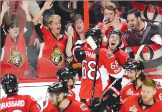  ?? The Canadian Press ?? Ottawa Senators centre Jean-Gabriel Pageau celebrates his game-winning goal Saturday in Ottawa in Game 2 of a second-round NHL playoff series against the New York Rangers. The Senators won 6-5 in double overtime and lead the series 2-0.