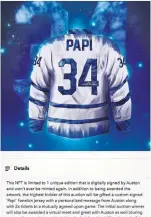  ??  ?? The “Auston Matthews x The 34 Collection” consists of 107 pieces of digital artwork. The big-ticket item is a piece called “Papi,” which depicts his No. 34 jersey with a Papi nameplate. Only one edition, digitally signed by Matthews, will be sold.
