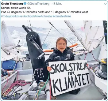  ?? SCREENSHOT: TWITTER ?? Diesen Tweet setzte Greta Thunberg am Freitag von Bord der Jacht „Malizia“ab, mit der sie Richtung New York über den Atlantik unterwegs ist.