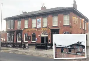  ??  ?? The Blundell Arms as it was before and, inset, the fire damaged roof