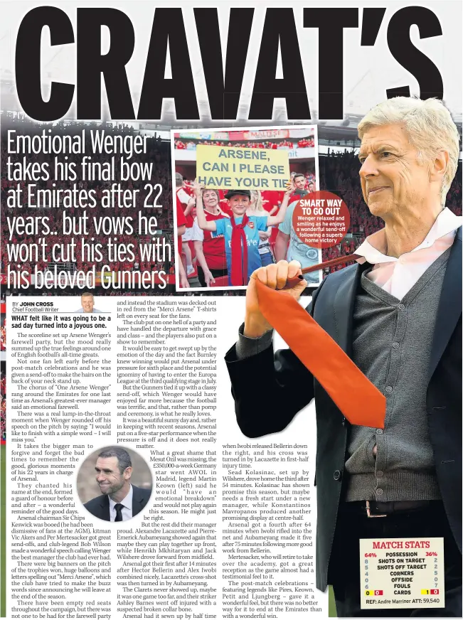  ??  ?? SMART WAY TO GO OUT Wenger relaxed and smiling as he enjoys a wonderful send-off following a superb home victory