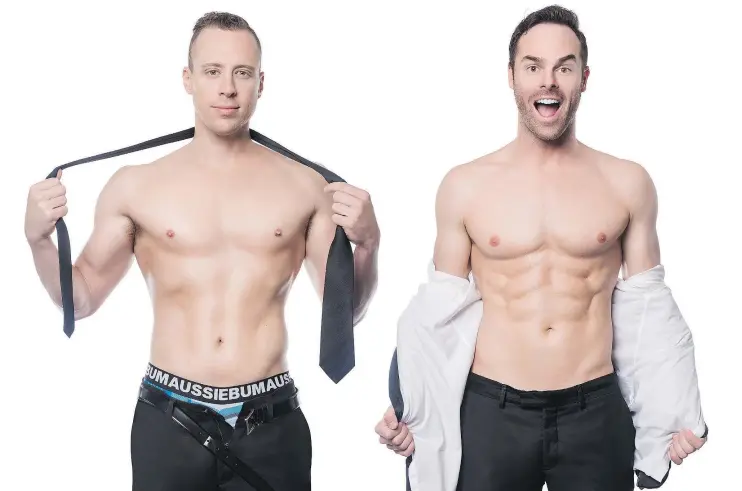  ??  ?? The Naked Magicians Christophe­r Wayne, left, and Mike Tyler have created an unorthodox show that is part magic, part comedy and a whole lot of beefcake.