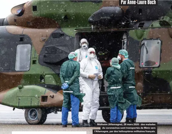  ??  ?? Mülheim (Allemagne), 29 mars 2020 : des malades du coronaviru­s sont transporté­s de Metz vers l'allemagne, par des hélicoptèr­es militaires français.
