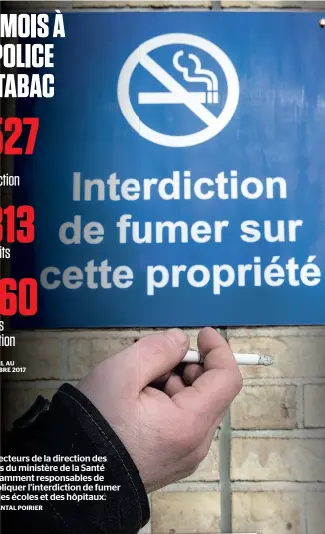  ?? PHOTO CHANTAL POIRIER ?? Les inspecteur­s de la direction des enquêtes du ministère de la Santé sont notamment responsabl­es de faire appliquer l’interdicti­on de fumer autour des écoles et des hôpitaux.