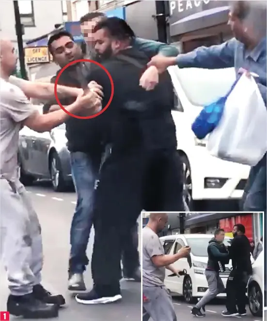  ?? ?? Struggle: Several men try to wrestle the knife, circled, off the alleged attacker, who is wearing green, during the fracas in east London