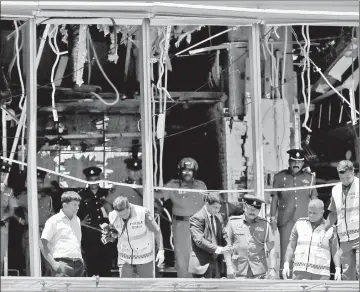  ??  ?? File photo shows crime scene officials inspecting the explosion area at Shangri-La hotel in Colombo. — Reuters photo