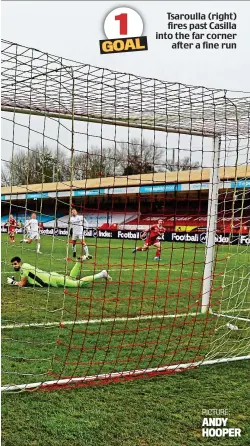  ??  ?? Tsaroulla (right) fires past Casilla into the far corner after a fine run
PICTURE: ANDY HOOPER