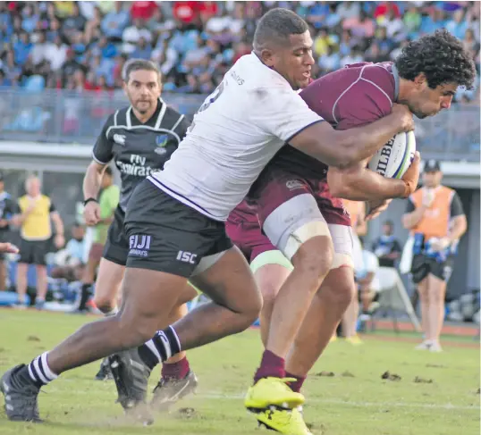  ?? Photo: Ronald Kumar. ?? Fiji Airways Flying Fijians hooker Vere Vugakoto nabs Georgian flanker Lasha Khmaladz during their Pacific Nations Cup clash at the ANZ Stadium, Suva on June 16, 2018.