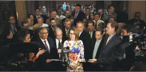  ?? Associated Press ?? Republican President Pro Tempore Len Fasano, R-North Haven, left, Democratic President Pro Tempore Martin M. Looney, D-New Haven, second from left, House Minority Leader Themis Klarides, R-Derby, center, speaker of the House Joe Aresimowic­z, D-Berlin,...