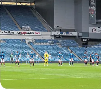  ??  ?? Players pay their respects inside a deserted Ibrox to former Rangers player, David Hagen, who passed away on Friday after a battle with MND