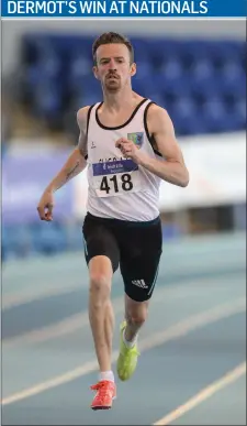  ??  ?? Dermot McDermott of Sligo AC on his way to winning his men’s 400m race during the Irish Life Health National Masters Indoor Championsh­ips 2017 at AIT Internatio­nal Arena, Athlone.