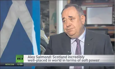  ??  ?? BACK ON THE BOX: Alex Salmond, here being interviewe­d on Russia Today in 2013, appeared on the channel four times in January.