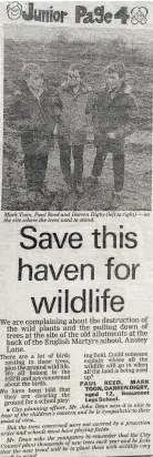  ??  ?? CONCERN: A clipping and the original photograph from the Mercury’s Junior Page, from January 25, 1984. Left to right are schoolboys Mark Toon, Paul Reed and Darren Digby, who wrote about the destructio­n of wildlife habitats